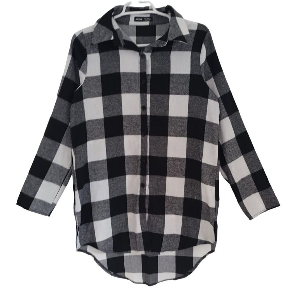 SHEIN Women's Black and White Plaid Shirt Long Sleeve Petite Size .